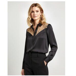 Rag & Bone Angela Floral Lace Detail Silk Shirt Blouse Black Beige Womens Size S
